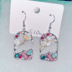 Boho Silver Tone Multiple Stone Drop statement earrings